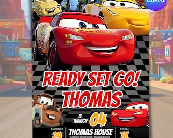 Cars Birthday Invitation, Birthday Invitation, Lightning McQueen Invitation, Kids Birthday Invitation, Editable Canva Template