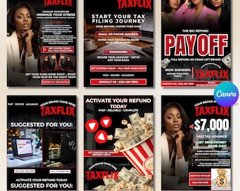 Volantino Taxflix per la stagione delle tasse, Volantino moderno per la preparazione delle tasse, Volantino per le tasse aziendali, Modello di volantino per il rimborso delle tasse, Volantino Canva per il marketing contabile