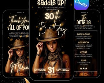 Digital Western Hoedown Birthday Party Invite, Animated Cowboy Birthday Invitation, Saddle Up and Put Your Boots On Invite, Canva Editable