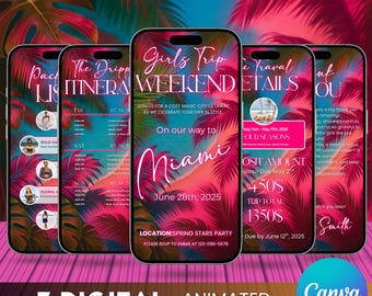 Animated Girls Trip Itinerary: Canva Editable Travel Invitation (Digital Download)