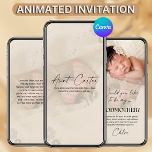 May include: Animated invitation design featuring three smartphone screens. The screens display text and images related to a baby, including the words "Aunt Carter" and "Godmother?" The Canva logo is visible.