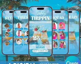 Digital Travel itinerary, itinerary template, Birthday Weekend Invitation, Weekend Itinerary, Digital Schedule, Girls Trip, Canva Editable