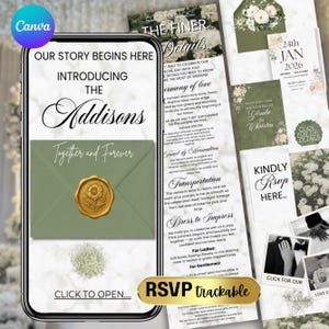 Könnte beinhalten: Eine Hochzeitseinladungssuite mit modernem Design. Die Haupteinladung enthält den Text "Our Story Begins Here" und "Introducing The Addisons". Die Suite enthält RSVP-Informationen und Details für die Hochzeit.