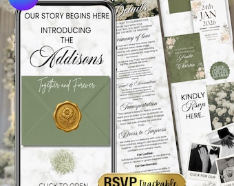 Olive Green & Burgundy Floral Wedding Website Template with RSVP, Wedding Website, Canva Website, Save The Date Website (Digital Download)