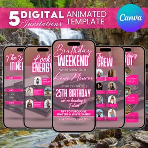 Digital Travel itinerary, itinerary template, travel itineray, Birthday Weekend Invitation, Weekend Itinerary, Girls Trip, Canva Editable