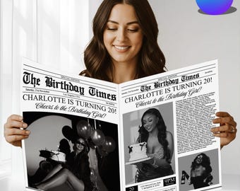 Plantilla de periódico de cumpleaños de Canva, anuncio de fiesta de cumpleaños, diseño personalizable, periódico de cumpleaños personalizado y editable, descarga digital