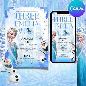 May include: A birthday invitation featuring Elsa from Frozen. The invitation includes the text "THREE EMELIA 3rd BIRTHDAY JANUARY 18" with RSVP information. The design is light blue with snowflake accents and an image of Olaf.