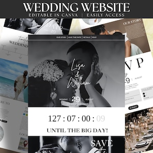 May include: A wedding website template with a black and white design. The website includes sections for the couple's story, save the date, details, and RSVP. The image features the text "Lisa & William" and the date "August 29". The countdown timer reads "127:07:00:09".