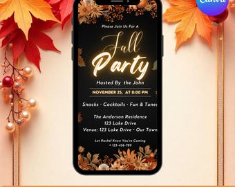 May include: Animated invitation for a fall party displayed on a smartphone. The black screen features the words "Fall Party" in a glowing script, with event details, framed by autumnal leaves and floral decorations.