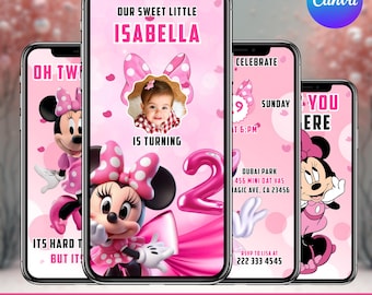 Minnie Mouse Birthday Video Invitation, Animated Evite, pink Minnie mouse digital invite, Birthday Evite, Instant Download Canva Editable