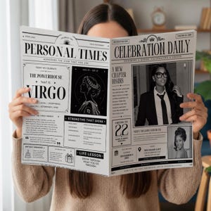 May include: A personalized newspaper titled Personal Times and Celebration Daily featuring a Virgo zodiac theme. The layout includes text about Virgo traits, a black and white portrait of a person in a blazer, a smaller portrait, and event details.