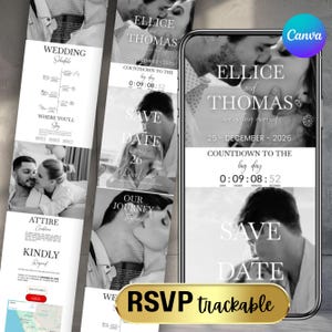 Könnte beinhalten: Ein digitaler Hochzeitskartenentwurf in Schwarzweiß, mit den Namen "Ellice und Thomas" und dem Datum "25. Dezember 2026". Das Design enthält einen Countdown-Timer und RSVP-Informationen. Das Gesamtthema ist Romantik und Feier.