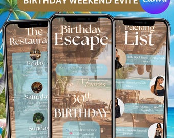 Invitación de itinerario de fin de semana de cumpleaños, invitación digital editable para un viaje de chicas, programa de escapada de vacaciones, escapada de cumpleaños en Canva