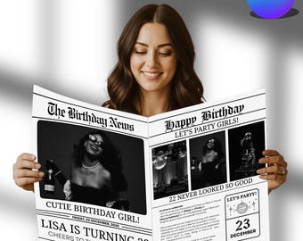 Plantilla de Canva para periódico de cumpleaños, invitaciones para periódico de cumpleaños, fotografía de periódico, descarga digital de periódico personalizado de cumpleaños editable