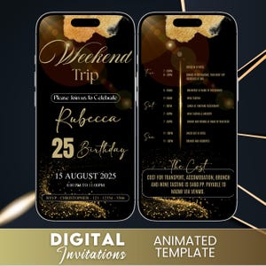 Op de afbeelding: Digitale uitnodigingssjabloon voor een weekendtrip ter ere van Rebecca's 25e verjaardag. Het ontwerp heeft een zwarte achtergrond met gouden accenten en tekst. Bevat evenementdetails, datum, tijd en RSVP-informatie.