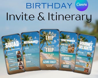 Plantilla animada de viaje de chicas, plantilla digital, invitación para itinerario de viaje, itinerario de cumpleaños en Tulum, plantilla de guía de viaje, bricolaje en Canva