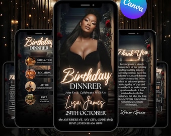 Elegant Lux Gold Birthday Dinner Invitation, Elegant Digital Birthday Dinner Invitation, Animated Birthday Dinner Text Evite, Canva Editable