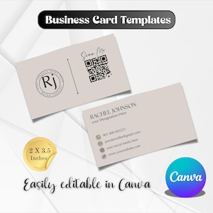 Modèle de carte de visite modifiable avec code QR minimaliste, carte de visite élégante, carte de visite moderne recto-verso, carte simple bricolage modifiable sur toile