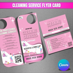 May include: Pink cleaning service flyer card with the text "Cleaning Services" and a phone number. The card includes a door hanger, business card, and a flyer with cleaning service details and a QR code.