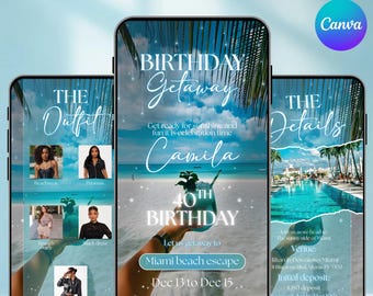 誕生日旅行女子旅招待状、編集可能なトロピカル旅行の旅程テンプレート、ビーチでの誕生日週末、女子旅、すぐにダウンロード