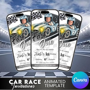 May include: Three smartphone-shaped invitations with a car race theme. Each features a baby in a race car, the text "Fast One," and details for Jonh's 1st birthday on September 6th. The bottom reads "Car Race Invitations."