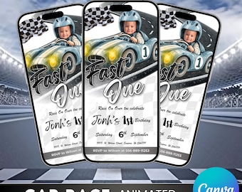 Fast One Race Car 1st Birthday Animated Invitation (Canva Editable Digital Download