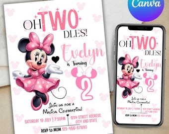 Oh TWOdles Birthday Invitation, Minnie Mouse Birthday Invitation, Oh Twodles Invitation, Mickey Birthday Invite, Canva Editable