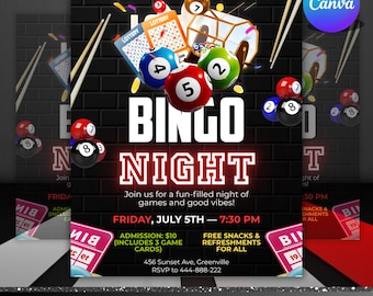 May include: A promotional flyer for a Bingo Night event. The design features a black brick background with the words "BINGO NIGHT" in large, bold letters. Colorful bingo balls and lottery cards are scattered around the text. The flyer includes event details.