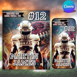 May include: Digital artwork featuring a football player in a white and orange uniform with the word "TEXAS" and the number 7. The text "MARTIN JAMES" and "#12" are also visible. The background includes flames and a football.