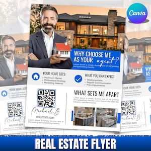 May include: A real estate flyer featuring a man holding a model house. The flyer includes text such as "Why Choose Me As Your Agent?" and "Real Estate Flyer." It also lists services and a QR code.