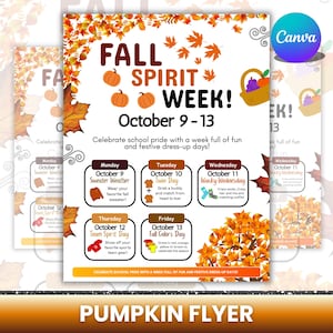 Puede incluir: Un folleto para la Semana del Espíritu Otoñal, del 9 al 13 de octubre, con temática de calabaza. El folleto incluye un calendario de días de disfraces: Clima de suéter, Día de gemelos, Miércoles loco, Día del espíritu de equipo y Día de los colores de otoño.