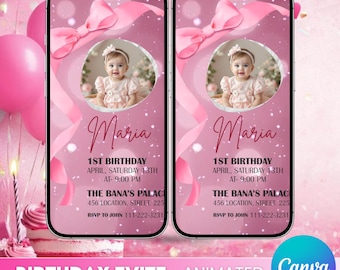 Pink Bow 1st Birthday Invitation, Animated birthday video invitation, Digital Video Invitation, Birthday party Invitation, Canva Editable