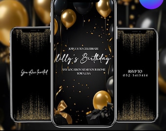 Black Elegant Birthday Invitation Video, Birthday Dinner Invite, Digital Birthday Party Invite, Editable Template, Text, Birthday Party