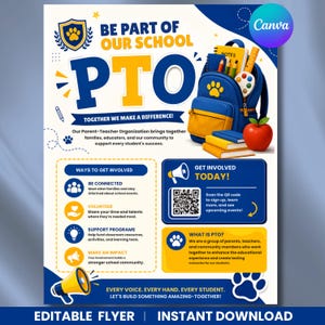 Op de afbeelding: Een blauwe en gele schoolflyer voor de oudervereniging met een rugzak, boeken, een appel en een megafoon. De tekst luidt Be Part Of Our School PTO, Together We Make A Difference, Ways To Get Involved en bevat een QR-code.