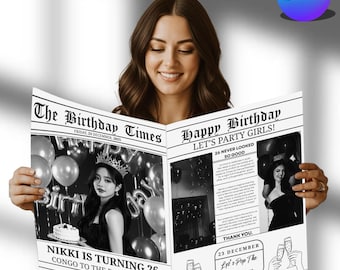 Plantilla de Canva para periódico de cumpleaños, invitaciones para periódico de cumpleaños, fotografía de periódico, descarga digital de periódico personalizado de cumpleaños editable