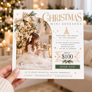 Peut inclure: Un dépliant promotionnel carré pour des séances photo de Noël avec un enfant en robe blanche près d'un sapin. Texte : Christmas Mini Sessions, Capture the Magic of the Season, 15 high-resolution images, 5 edited prints, online gallery, option to upgrade, only $100, book now, let's create beautiful holiday memories, numéro de téléphone, site web et e-mail.