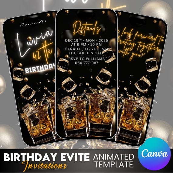 Whiskey & Cigar Themed Birthday Invitation, Surprise Male Birthday, 30th 40th 50th 60th party invites, Aged Perfection Invite Canva Editable