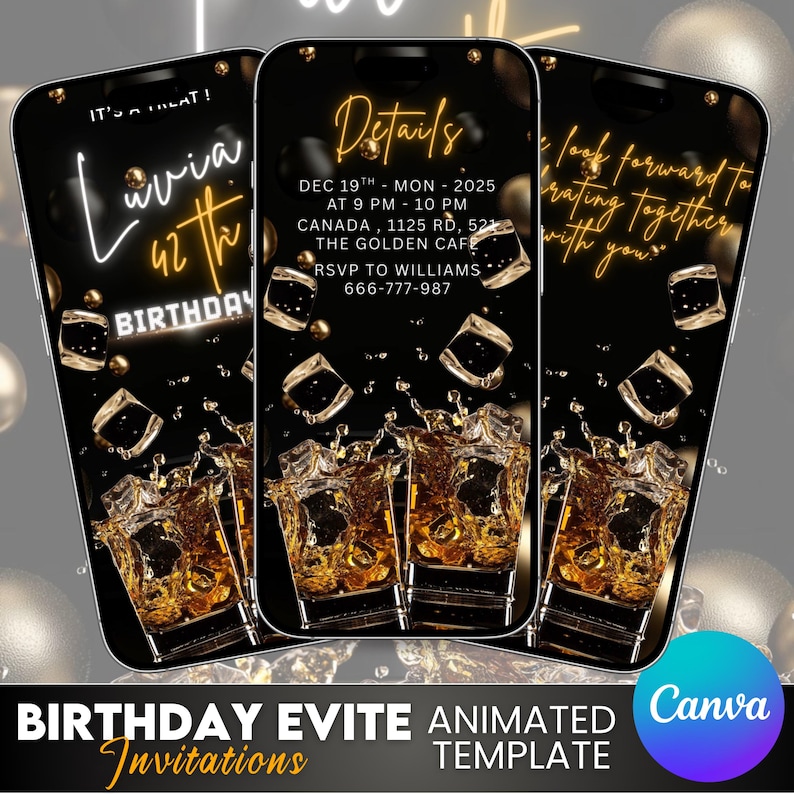 Whiskey & Cigar Themed Birthday Invitation - Surprise Male Birthday Party Invites (30th, 40th, 50th, 60th), Aged Perfection Invite - Canva Editable

30th 40th 50th 60th birthday, aged to perfection, invitation for men, mature male birthday, men's birthday, phone invitation, surprise birthday, whiskey cigar invite, whiskey invitation, whiskey theme invite