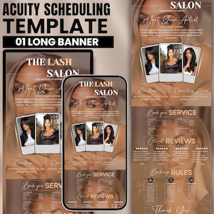 Könnte beinhalten: Acuity-Planungsvorlage für The Lash Salon, präsentiert als langes Banner. Das Design umfasst den Namen des Salons, Künstlerinformationen, Service-Details, Kundenbewertungen und Buchungsregeln. Das Farbschema ist hauptsächlich Braun und Weiß.