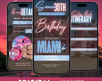 Miami Itinerary Invitation, Miami Evite, Editable Birthday Girl Template, Birthday Weekend Itinerary, Girls Trip Invitation, Canva Editable
