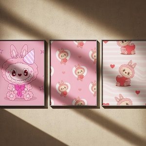Labubu Wall Poster Bundle - Set of 3 Prints for Children or Kids Room, Cute Cartoon Pattern Decor Gift for Baby Shower - Kawaii Retro Decor