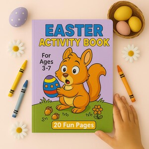 May include: A purple book titled "Easter Activity Book" featuring a cartoon squirrel holding an Easter egg. Suitable for ages 3-7, it contains 20 fun pages.