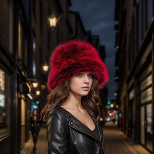 Red black handmade faux fur bucket hat, fake fur hat, fuzzy hat, fluffy hat, festival hat