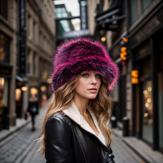 Burgundy black handmade faux fur bucket hat fake fur hat fuzzy hat fluffy hat festival hat
