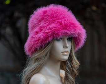 Hot pink handmade faux fur bucket hat, fake fur hat, fuzzy hat, fluffy hat, festival hat