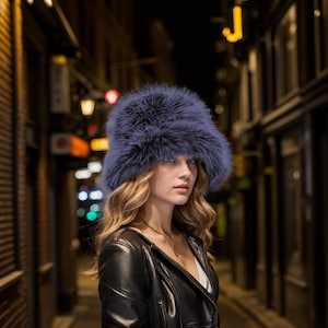 Gray black handmade faux fur bucket hat, fake fur hat, fuzzy hat, fluffy hat, festival hat