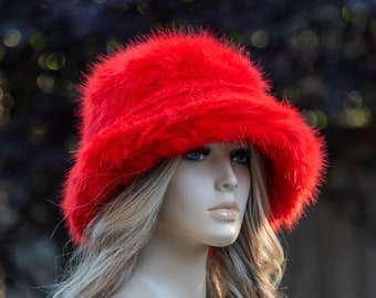 Red Handmade Faux Fur Bucket Hat, Fake Fur Hat, Fuzzy Hat
