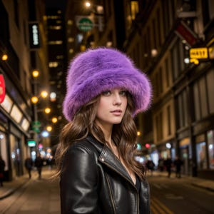 Purple handmade faux fur bucket hat, fake fur hat, fuzzy hat, fluffy hat, festival hat