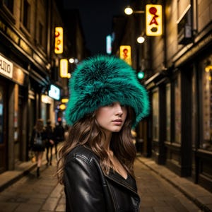 Green black handmade faux fur bucket hat, fake fur hat, fuzzy hat, fluffy hat, festival hat