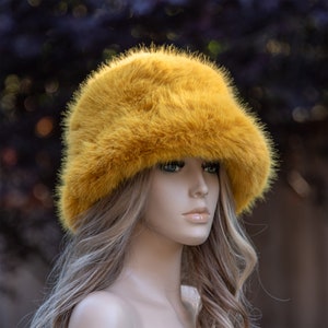 Mustard color handmade faux fur bucket hat, fake fur hat, fuzzy hat, fluffy hat, festival hat